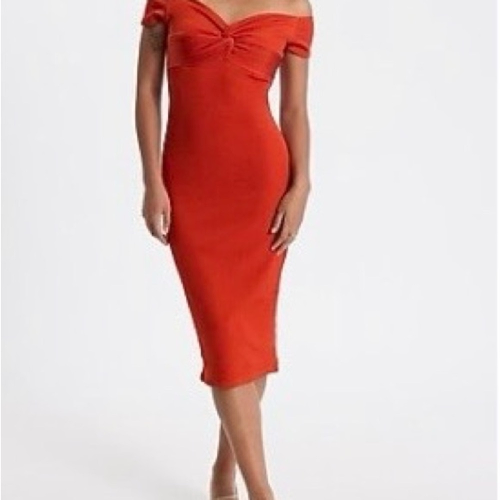 Express Off-Shoulder Orange Midi Dress - Picture 2 of 5